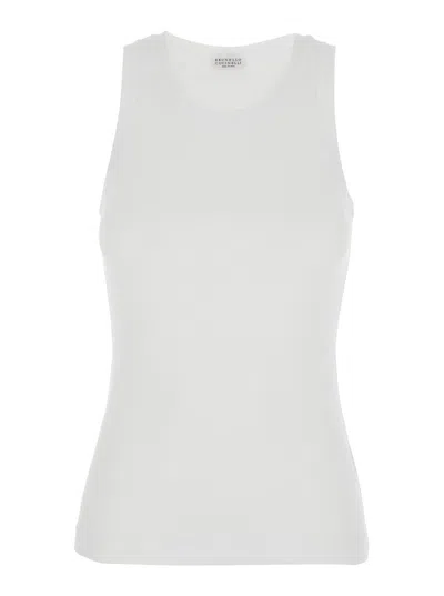 BRUNELLO CUCINELLI WHITE SLEEVELESS TOP WITH ROUND NECK AND MONIL DETAIL ON THE REAR IN COTTON STRETCH WOMAN