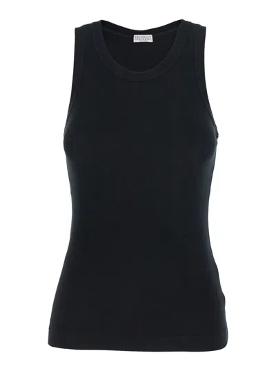 BRUNELLO CUCINELLI BLACK SLEEVELESS TOP WITH ROUND NECK AND MONIL DETAIL ON THE REAR IN COTTON STRETCH WOMAN