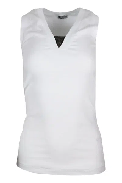 Brunello Cucinelli Tank Top T-shirt In Ribbed Stretch Cotton With V-neck And Monili In White