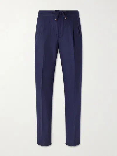 Brunello Cucinelli Tapered Pleated Virgin Wool-flannel Drawstring Trousers In Blue