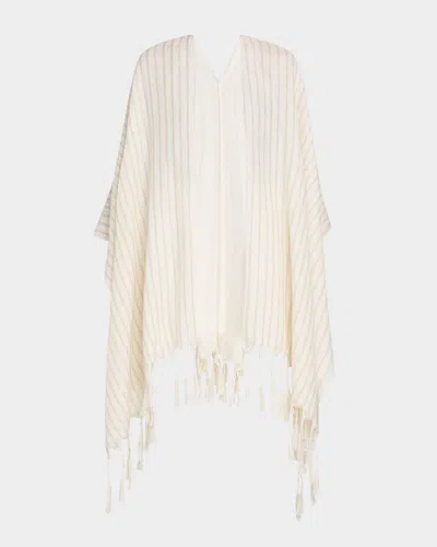 Brunello Cucinelli Tassel Metallic Wool Poncho In White Gold