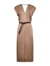 Brunello Cucinelli Taupe Cady Satin Belted Midi Dress In Gray
