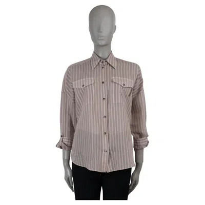 Pre-owned Brunello Cucinelli Taupe Cotton 2023 Lurex Striped Voile Shirt M In Brown