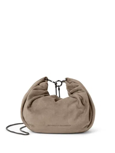 Brunello Cucinelli Taupe Embossed Logo Shoulder Bag
