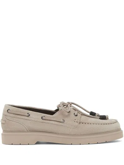 Brunello Cucinelli Taupe Grey Boat Moccasins With Monili Chain In Gray