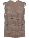 BRUNELLO CUCINELLI TAUPE GREY SILK EMBROIDERED V-NECK SLEEVELESS TOP