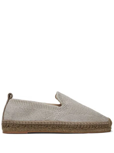 BRUNELLO CUCINELLI TAUPE KNIT ESPADRILLES WITH METALLIC THREADING AND MONILI CHAIN DETAIL