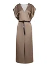 Brunello Cucinelli Taupe Satin Belted Midi Dress In Brown
