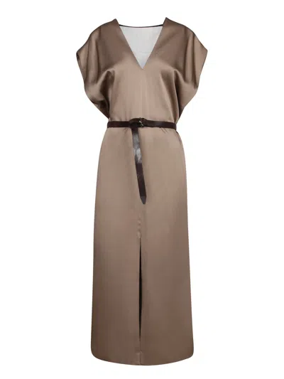 BRUNELLO CUCINELLI TAUPE SATIN BELTED MIDI DRESS