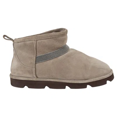 Pre-owned Brunello Cucinelli Taupe Suede 2023 Monili Strap Shearling Lined Boots Shoes 38 In Brown