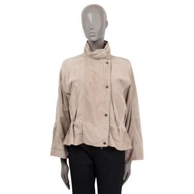 Pre-owned Brunello Cucinelli Taupe Suede High Neck Hooded Jacket 38 Xs In Brown
