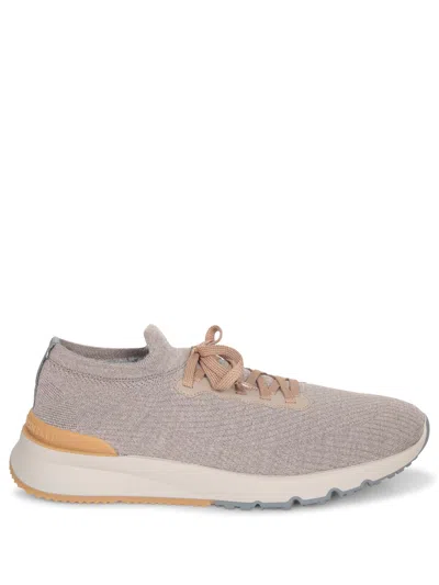 Brunello Cucinelli Taupe Wool Knit Sneakers In Sand