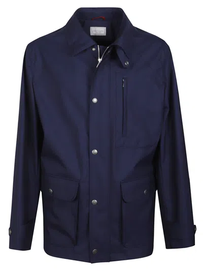 Brunello Cucinelli Technical Cotton Gabardine Field Jacket For Men In Blue