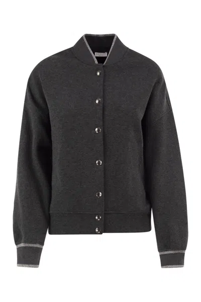 Brunello Cucinelli Technical Jersey Bomber With Luminous Knit Trims In Gray