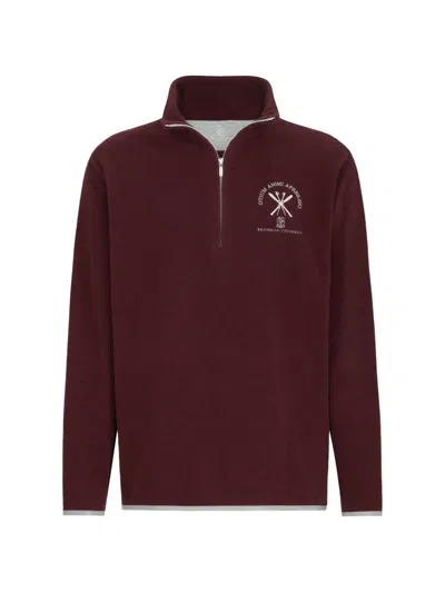 Brunello Cucinelli Techno Cashmere And Cotton Sweatshirt With Half Zip In Red