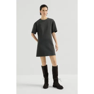 Brunello Cucinelli Techno Cotton And Cashmere Interlock T-shirt Dress With Precious Collar In Black