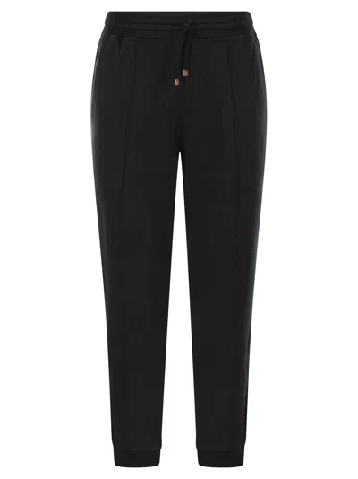BRUNELLO CUCINELLI TECHNO COTTON FLEECE TROUSERS WITH ZIP ON STRETCH BOTTOM, CRETE AND PIPING