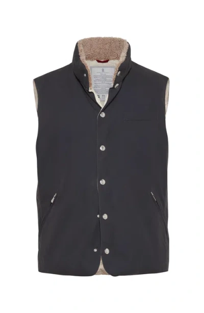 Brunello Cucinelli Techno Cotton Gabardine Down Vest With Shearling Insert In Black