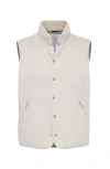 Brunello Cucinelli Techno Cotton Gabardine Down Vest With Shearling Insert In Off-white
