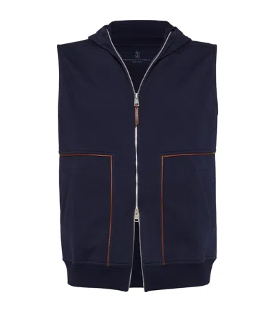 Brunello Cucinelli Techno Cotton Hooded Gilet In Blue