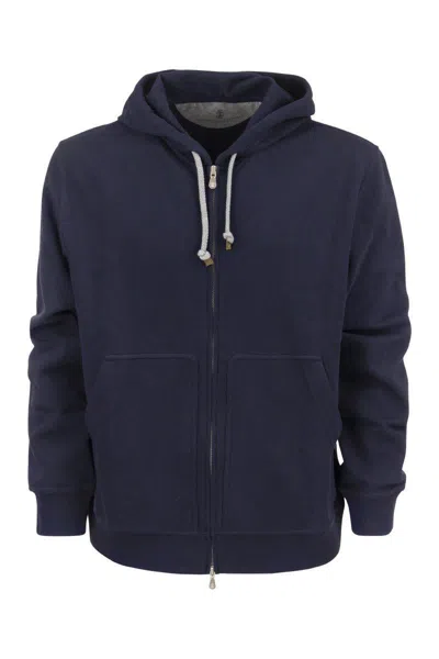 Brunello Cucinelli Techno Cotton Interlock Zip-front Hooded Sweatshirt In Navy Blue
