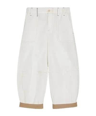 Brunello Cucinelli Kids' Techno Cotton Poplin Baggy Curved Trousers With Monili In White