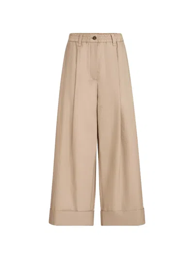 Brunello Cucinelli Techno Cotton Poplin Boxy Pleated Trousers With Monili In Neutral