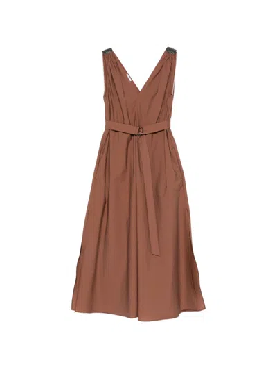 Brunello Cucinelli Techno Cotton Poplin Dress With Belt And Precious Shoulder Detail In Animal Print