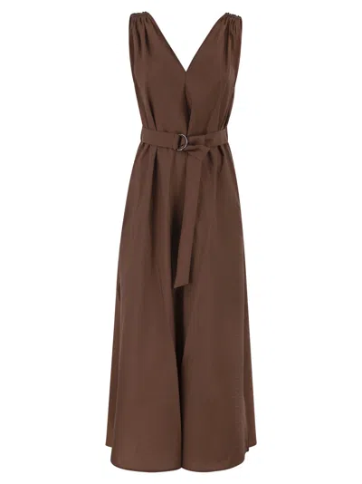 Brunello Cucinelli Techno Cotton Poplin Dress With Belt And Precious Shoulder Detail In Brown