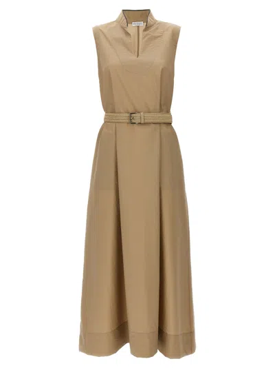 Brunello Cucinelli Techno Cotton Poplin Dress With Belt And Precious Shoulder Detail In Brown