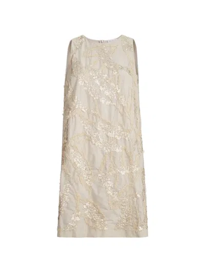 Brunello Cucinelli Techno Cotton Poplin Mini Dress With Dazzling Seabed Embroidery In Nude