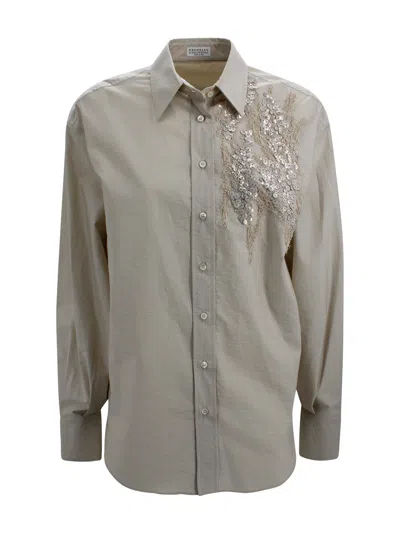 Brunello Cucinelli Techno Cotton Poplin Shirt With Dazzling Seabed Embroidery In Gray