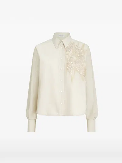 Brunello Cucinelli Techno Cotton Poplin Shirt With Dazzling Seabed Embroidery In Neutral