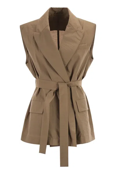 Brunello Cucinelli Techno Cotton Poplin Waistcoat With Belt And Pendant In Camel