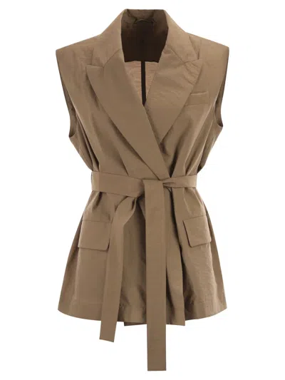 Brunello Cucinelli Techno Cotton Poplin Waistcoat With Belt And Pendant In Green