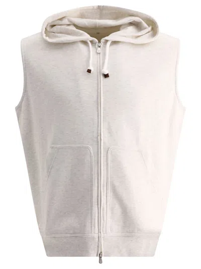 Brunello Cucinelli Techno Cotton Sleeveless Sweatshirt With Zipper And Hood In Neutral