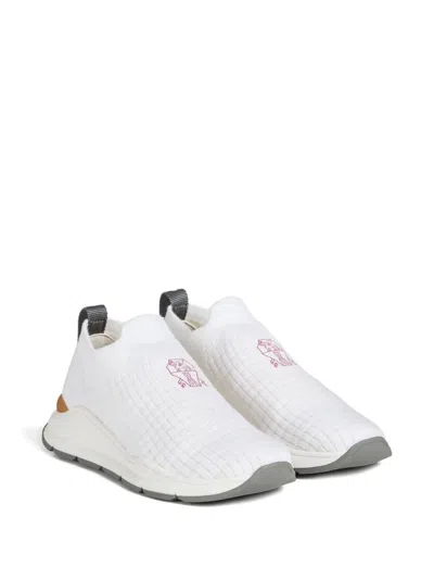 Brunello Cucinelli Kids' Techno Cotton Slip-on Runners With Embroidered Logo In White
