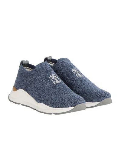 Brunello Cucinelli Kids' Techno Cotton Slip-on Runners With Logo In Blue