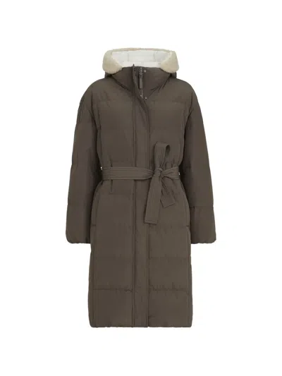 Brunello Cucinelli Techno Cotton Taffeta Down Coat With Shearling Inserts And Shiny Zipper Pull In Brown