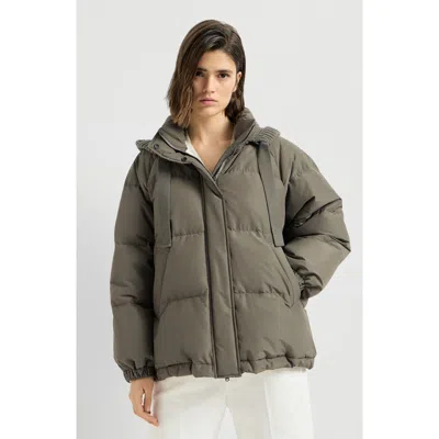 Brunello Cucinelli Techno Cotton Taffeta Down Jacket With Detachable Cashmere Knit Hood In Green