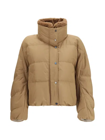 Brunello Cucinelli Techno Cotton Taffeta Down Jacket With Detachable Shearling Insert And Monili In Neutral