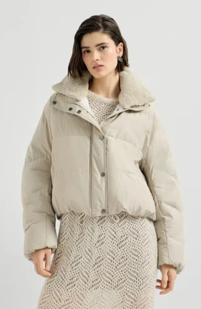 Brunello Cucinelli Techno Cotton Taffeta Down Jacket With Detachable Shearling Insert And Monili In White
