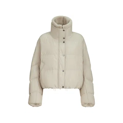 Brunello Cucinelli Techno Cotton Taffeta Down Jacket With Detachable Shearling Insert And Monili In Neutral