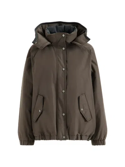 Brunello Cucinelli Techno Cotton Taffeta Outerwear Jacket With Detachable Knit Hood And Shiny Zipper Pull In Brown