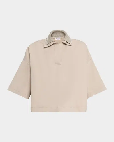 Brunello Cucinelli Techno Couture Fleece Polo Shirt With Double Knit Collar In Neutral