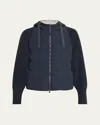 Brunello Cucinelli Techno Crinkled Cotton Down Jacket W Ribbed Sleeves In Blue