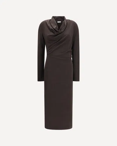 Brunello Cucinelli Techno Wool Jersey Dress With Draping And Monili In Brown