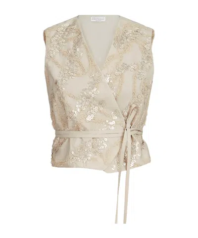 Brunello Cucinelli Techno-cotton Poplin Vest With Dazzling Seabed Embroidery In White