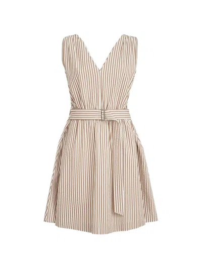 Brunello Cucinelli Techno-cotton Striped Seersucker Belted Mini Dress With Monili In Brown