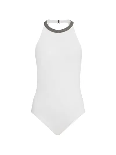 Brunello Cucinelli Techno-jersey Bathing Suit With Precious Collar In White